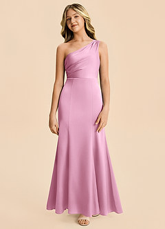 Azazie Ren Junior Candy Pink A-Line Pleated Stretch Satin Dress image5