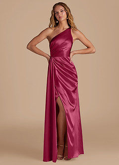 Azazie Mika Bridesmaid Dresses Burgundy Sheath One Shoulder Metallic Satin Dress image3