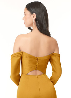 Azazie Hallie Bridesmaid Dresses Butterscotch Sheath Off-The-Shoulder Long Sleeve Stretch Satin Convertible Dress image7