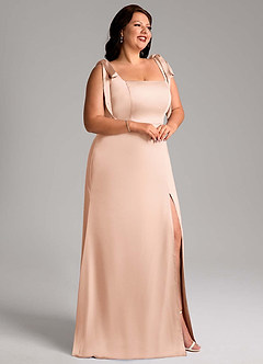 Azazie Frostine Vestidos de damas de honor Vestido de Oro Rosa de Satén Elástico de Corte en A con Lazo image9
