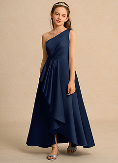 Azazie Taffy Junior Formal vestidos de niña de las flores Vestido de Azul Marino Oscuro de Satin Mate de Corte En A con Encaje image1