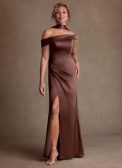 Azazie Kamala Vestidos para mãe da noiva Vestido Café Expresso de Cetim elástico de Bainha com Um ombro image1
