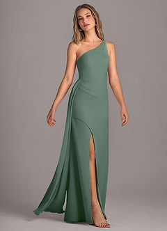 Azazie Maron Vestidos de damas de honor Vestido de Eucalyptus de Gasa de Corte en A con Hombro unilateral image4