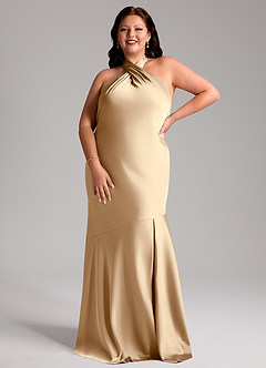 Azazie Lorena Vestidos de damas de honor Vestido de Champán de Satén Elástico de Corte Sirena con Plisado image7