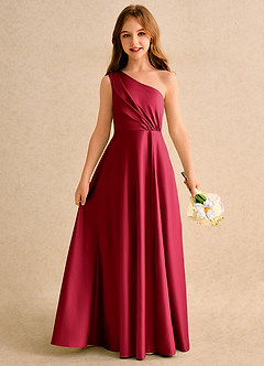 Azazie Puddles Girls Formal Blumenmädchenkleider A-Linie One-Shoulder Matte Satin Kleid Scharlachrot image1