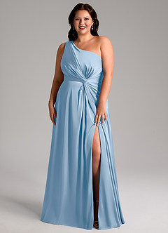 Azazie Brooke Bridesmaid Dresses Powder Blue A-Line One Shoulder Stretch Satin Dress image9