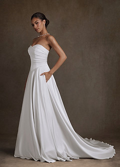 Azazie Alta Kleider zum Anprobieren zu Hause A-Linie Schulterfrei Stretch-Satin Kleid Diamantweiß image3