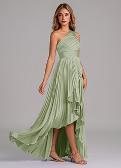 Azazie Lyrica 신부 들러리 드레스 A라인 한쪽 어깨 스트레치 새틴 비대칭 드레스 image2