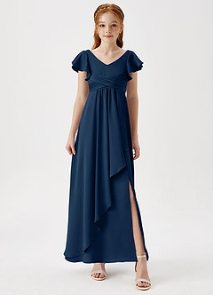 Azazie Omari Junior Dark Navy A-Line Pleated Stretch Satin Dress image4
