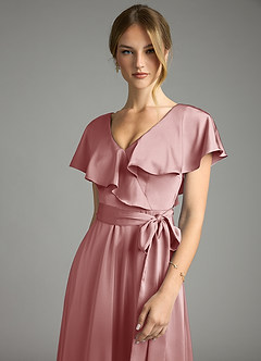 Azazie Lainey Vestidos de damas de honor Vestido de Rosa Polvorienta de Satén Elástico de Corte en A con Con bolsillos image6