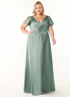 Azazie Soren Bridesmaid Dresses Agave A-Line Pleated Stretch Satin Dress image8