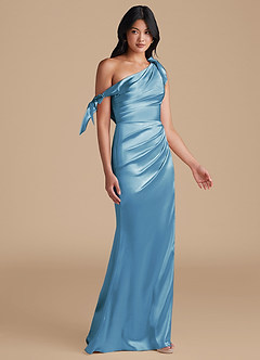 Azazie Xyla Bridesmaid Dresses Steel Blue Sheath Off the Shoulder Metallic Satin Convertible Dress image7