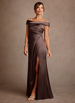 Azazie Bedford Mother of the Bride Dresses Ganache Sheath Pleated Stretch Satin Dress image3