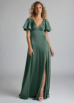 Azazie Kimber Bridesmaid Dresses Eucalyptus A-Line Ruched Stretch Satin Dress image3