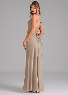 Azazie Evadne Bridesmaid Dresses Taupe Sheath Pleated Stretch Satin Dress image5