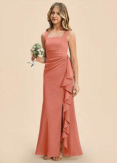 Azazie Adrienne Junior Salmon Pink Sheath Pleated Stretch Satin Dress image1