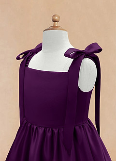 Azazie Chelsie Flower Girl Dresses Grape A-Line Bow Matte Satin Dress image8