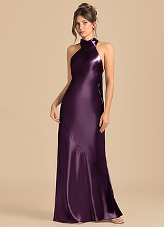 Azazie Velli 신부 들러리 드레스 쉬스 하이넥 메탈릭 새틴 바닥 길이 드레스 image3