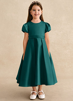 Azazie Princess Flower Girl Dresses Peacock A-Line Pleated Matte Satin Dress image5