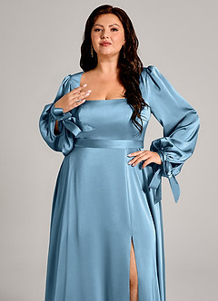 Azazie Leonia Abiti da Damigella Abito A-Line in Raso Elasticizzato Manica Lunga Blu Acciaio image9