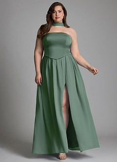 Azazie Cadence At-home Try On Dresses Eucalyptus A-Line Corset Stretch Satin Convertible Dress image9