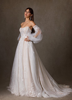 Azazie Elowyn Wedding Dresses Diamond White Champagne Ball-Gown Strapless Lace Dress image6