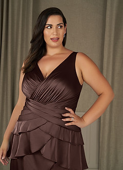 Azazie Viola At-home Try On Dresses Dusty Blue A-Line Pleated Stretch Satin Dress image18