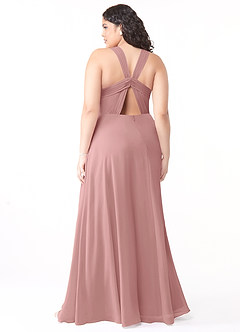 Azazie Jane Vestidos de damas de honor Vestido de Rosa Polvorienta de Gasa de Corte en A con Cuello en V plisado image7