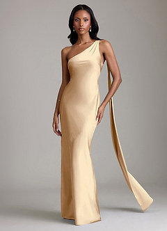 Azazie Galinda Bridesmaid Dresses Champagne Mermaid One Shoulder Stretch Satin Dress image4