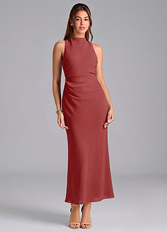 Azazie Evadne Bridesmaid Dresses Rust Sheath Pleated Chiffon Dress image3