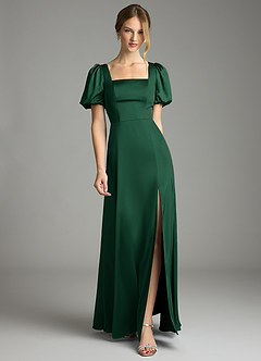 Azazie Fyona Bridesmaid Dresses Dark Green A-Line Pleated Stretch Satin Dress image1