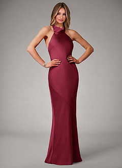 Azazie Velli Robes de demoiselle d'honneur Robe Sirène en Satin extensible Col haut Bourgogne image1