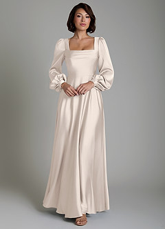 Azazie Solana Bridesmaid Dresses White Alabaster A-Line Long Sleeve Stretch Satin Dress image1