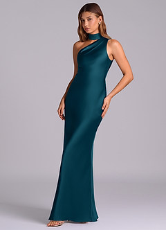 Azazie Seona Bridesmaid Dresses Ink Blue Mermaid One Shoulder Stretch Satin Dress image6