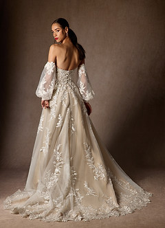 Azazie Madeleine Wedding Dresses Diamond White Nude Ball-Gown Strapless Lace Dress image3