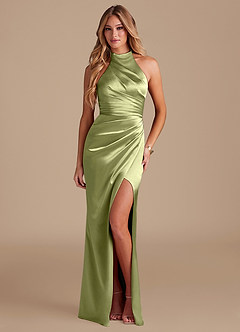 Azazie Jemma Bridesmaid Dresses Pistachio Sheath Pleated Metallic Satin Dress image1