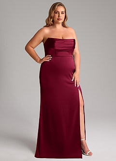 Azazie Saige Vestidos de damas de honor Vestido de Borgoña de Satén Elástico de Corte Recto con Vestidos sin tirantes image17