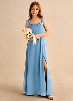 Azazie Chip Girls Formal Abiti da Ragazza di Fiori Abito A-Line in Chiffon Senza Maniche Blu Acciaio image5