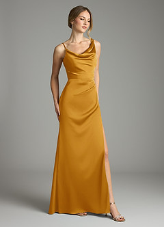 Azazie Samara Robes de demoiselle d'honneur Robe Sirène en Satin extensible Plissée Caramel écossais image4