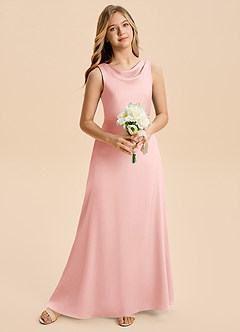 Azazie Kiki Junior Powder Pink A-Line Bow Stretch Satin Dress image3