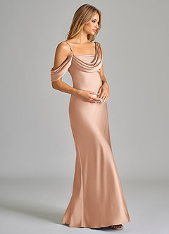 Azazie Celina Bridesmaid Dresses Rose Gold Sheath Off the Shoulder Stretch Satin Dress image6