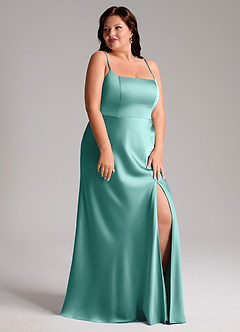 Azazie Lidia Vestidos de damas de honor Vestido de Aqua de Satén Elástico de Corte Sirena con Corte Lateral image12