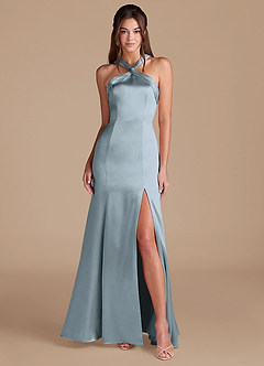 Azazie Rue Bridesmaid Dresses Dusty Blue Mermaid Pleated Metallic Satin Dress image1