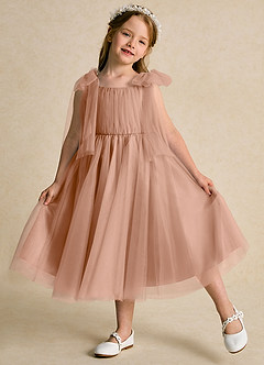 Azazie Dori Flower Girl Dresses Champagne Rose A-Line Ruched Tulle Dress image4