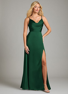 Azazie Sarella Vestidos de damas de honor Vestido de Verde Oscuro de Satén Elástico de Corte en A con Plisado image1