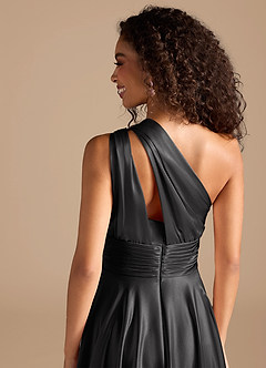 Azazie Charlize Bridesmaid Dresses Black A-Line One Shoulder Metallic Satin Dress image3