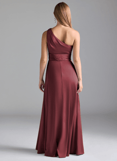 Azazie Dallas Bridesmaid Dresses Merlot A-Line One Shoulder Stretch Satin Dress image2