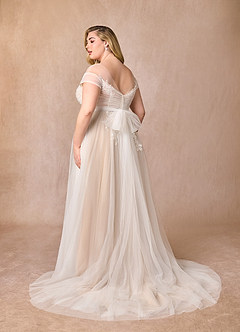 Azazie Cindy Wedding Dresses Diamond White Nude A-Line Illusion Off-The-Shouler Lace Tulle Dress image12