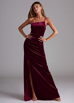 Azazie Eren Vestidos de damas de honor Vestido de Cabernet de terciopelo de Corte Recto con Hombro unilateral image4