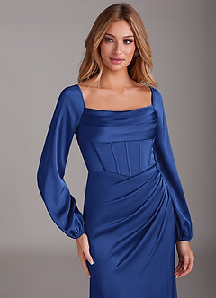Azazie Charissa Bridesmaid Dresses Royal Blue Sheath Long Sleeve Stretch Satin Dress image7